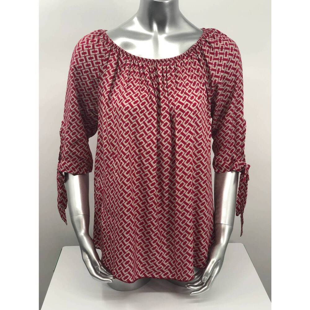 NEW M MADE IN ITALY women's rylee tie sleeve scoop neck top in raspberry and tan